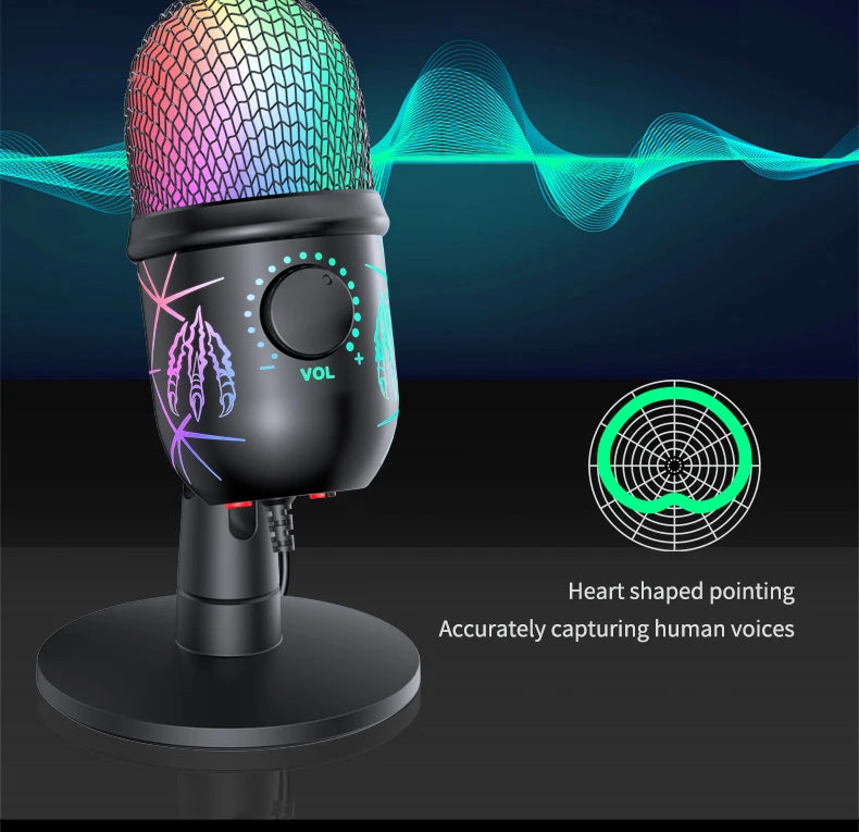 Gaming Microphone USB Microphone for PC Condenser Podcast Mic for Studio Recording with Headphone Jack, Led, Noise Cancellation