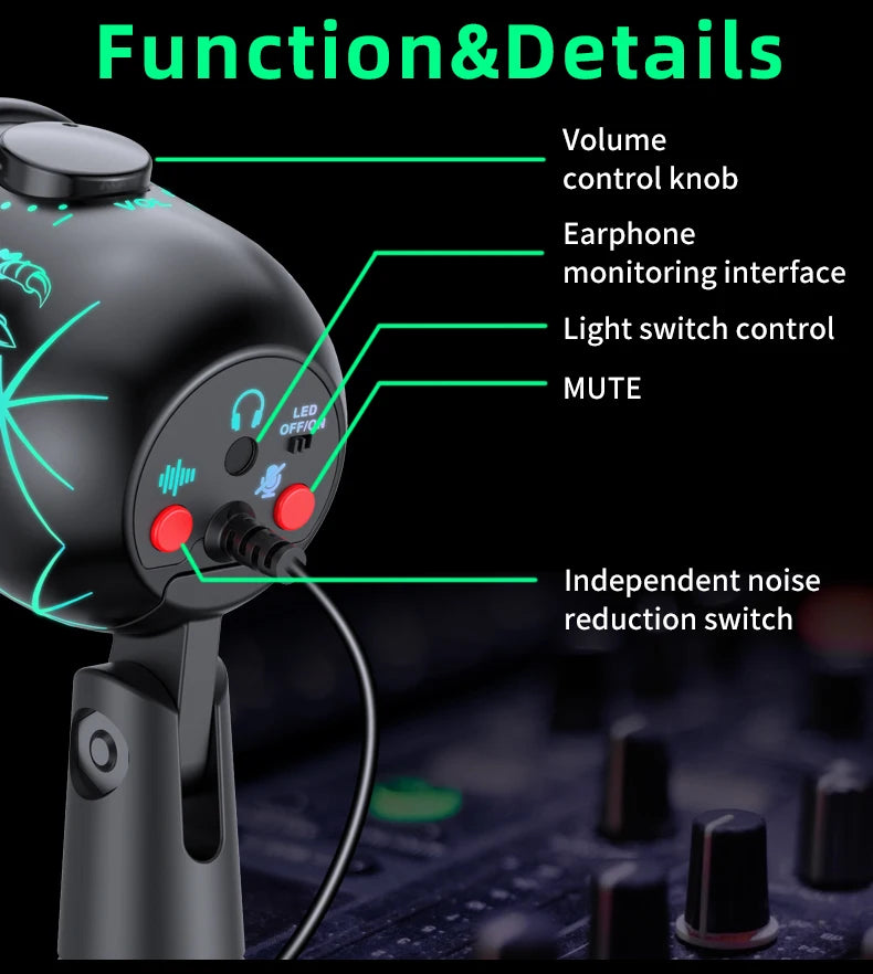 Gaming Microphone USB Microphone for PC Condenser Podcast Mic for Studio Recording with Headphone Jack, Led, Noise Cancellation