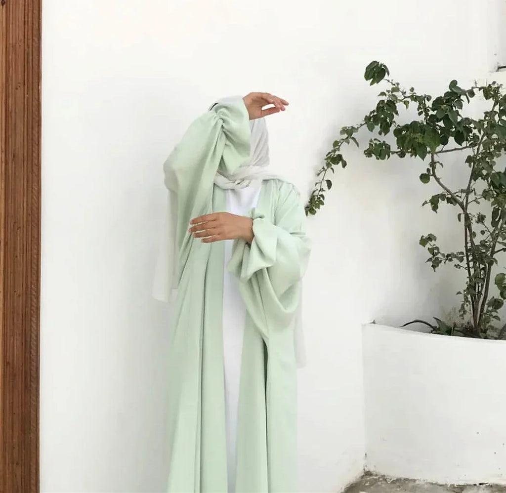 Summer Satin Open Abaya Kimono Muslim Long Hijab Dress Turkey Abayas for Women Dubai Puff Sleeve Islam Modest Outfit Kaftan Robe