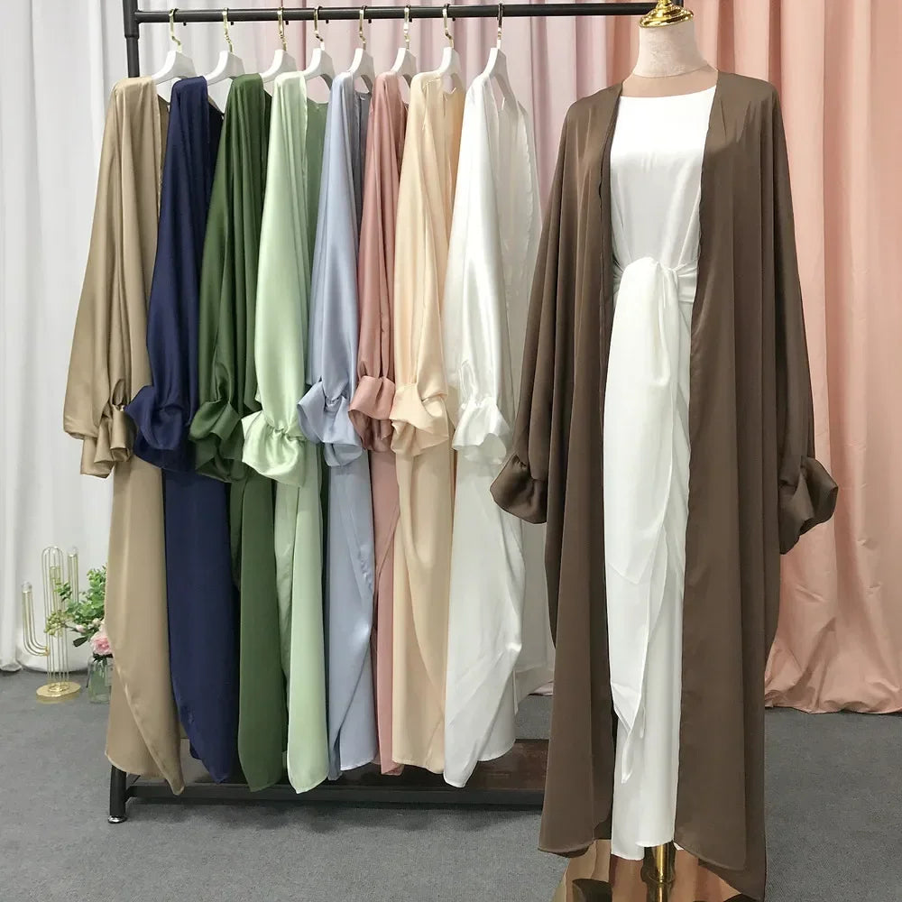Summer Satin Open Abaya Kimono Muslim Long Hijab Dress Turkey Abayas for Women Dubai Puff Sleeve Islam Modest Outfit Kaftan Robe