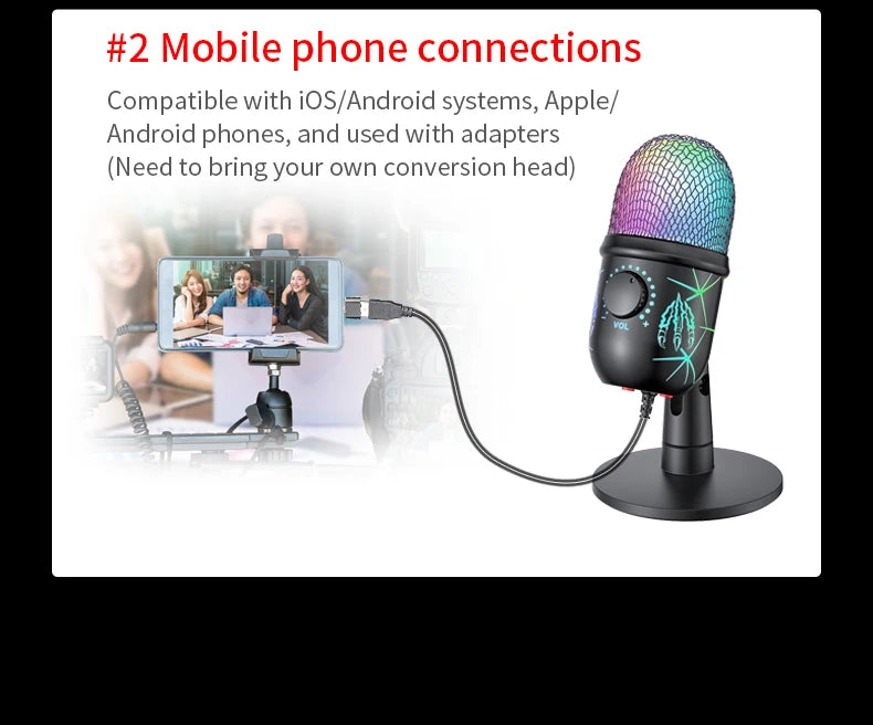 Gaming Microphone USB Microphone for PC Condenser Podcast Mic for Studio Recording with Headphone Jack, Led, Noise Cancellation