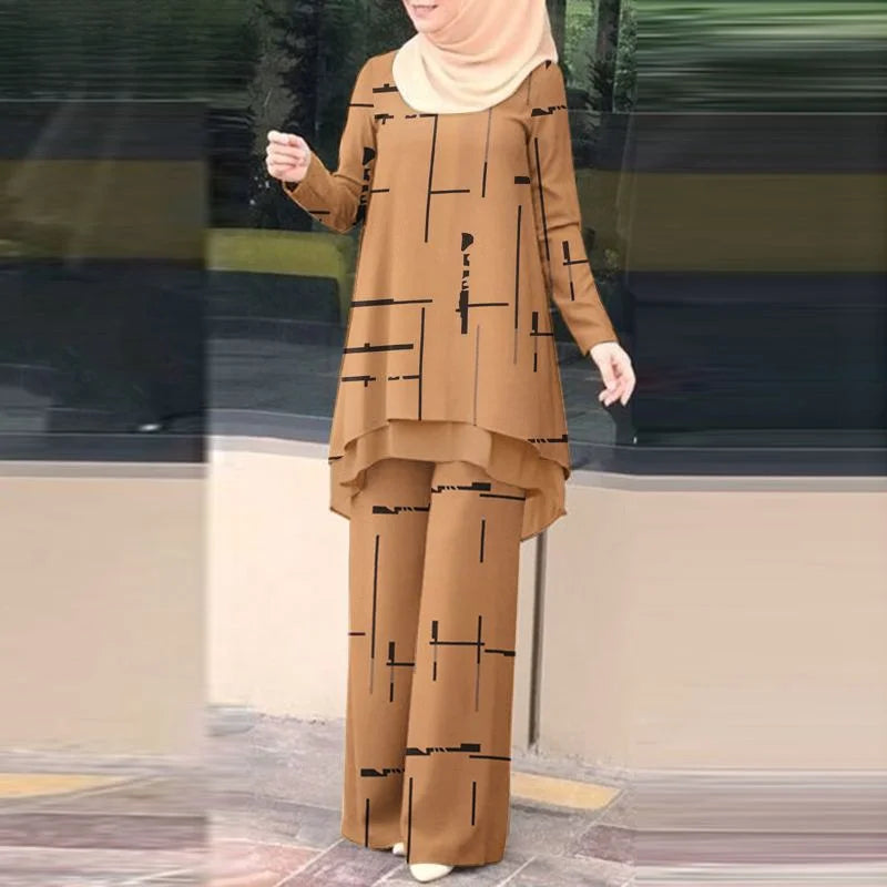 Vintage Stylish Muslim Suit 2PCS Long Sleeve Blouse Pant Sets Islamic Clothing Female Casual Floral Printed Matching Sets