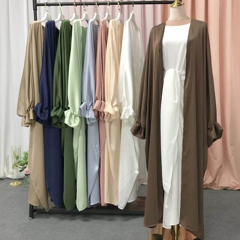 Summer Satin Open Abaya Kimono Muslim Long Hijab Dress Turkey Abayas for Women Dubai Puff Sleeve Islam Modest Outfit Kaftan Robe