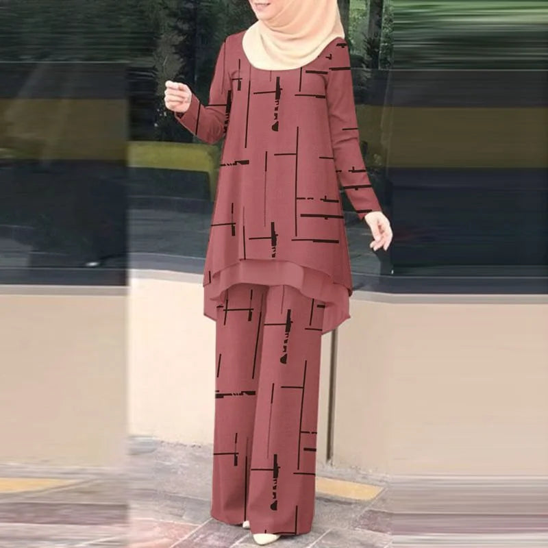 Vintage Stylish Muslim Suit 2PCS Long Sleeve Blouse Pant Sets Islamic Clothing Female Casual Floral Printed Matching Sets