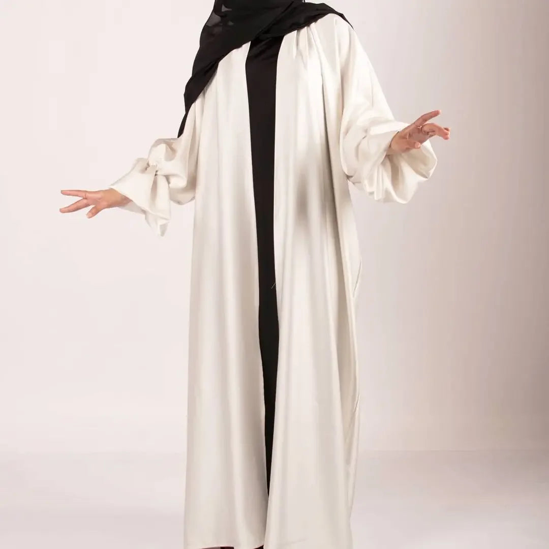 Summer Satin Open Abaya Kimono Muslim Long Hijab Dress Turkey Abayas for Women Dubai Puff Sleeve Islam Modest Outfit Kaftan Robe