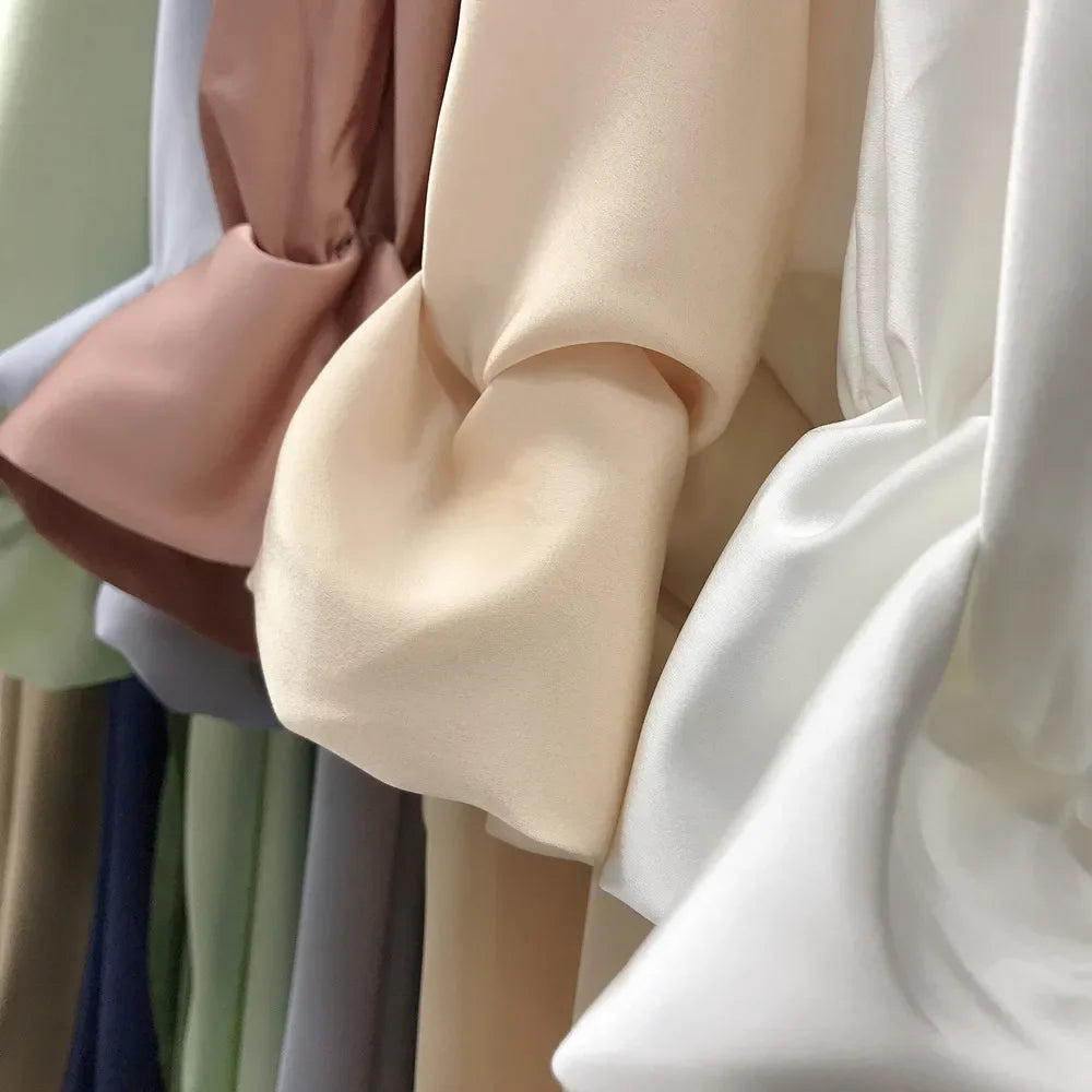 Summer Satin Open Abaya Kimono Muslim Long Hijab Dress Turkey Abayas for Women Dubai Puff Sleeve Islam Modest Outfit Kaftan Robe