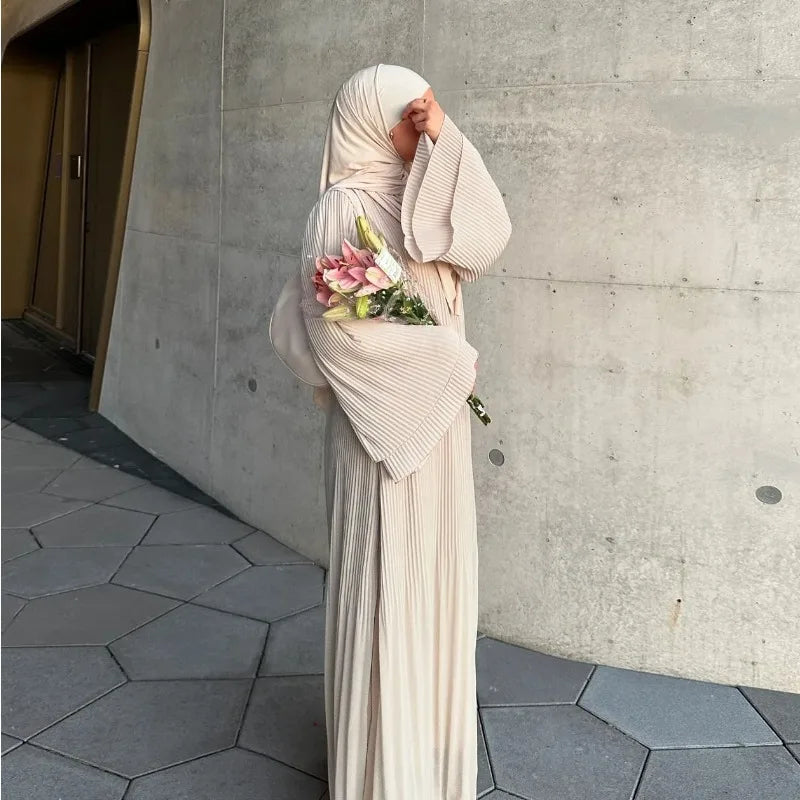 Eid Muslim Dress for Women Pleated Flare Sleeve Jalabiya Kaftan Islam Vestidos Arab Long Robe Ramadan Morocco Dubai Abayas 2025