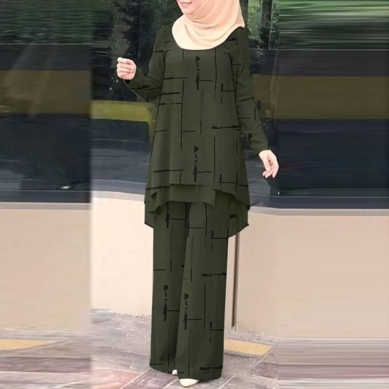 Vintage Stylish Muslim Suit 2PCS Long Sleeve Blouse Pant Sets Islamic Clothing Female Casual Floral Printed Matching Sets