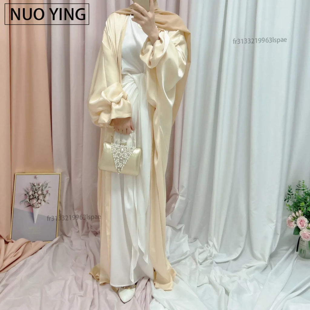 Summer Satin Open Abaya Kimono Muslim Long Hijab Dress Turkey Abayas for Women Dubai Puff Sleeve Islam Modest Outfit Kaftan Robe