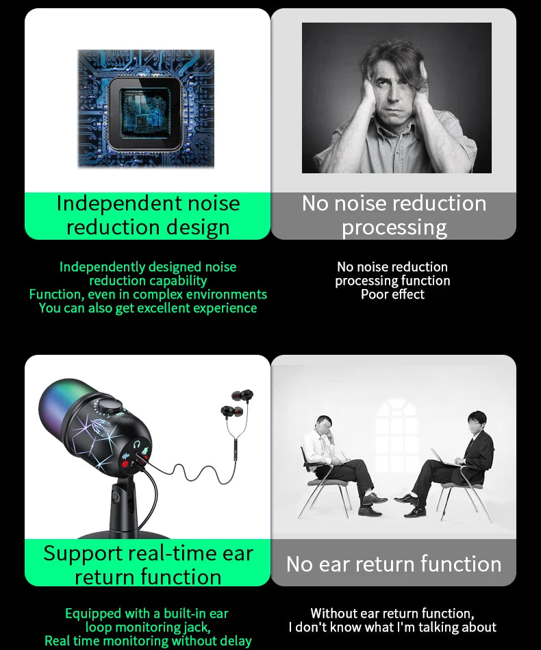 Gaming Microphone USB Microphone for PC Condenser Podcast Mic for Studio Recording with Headphone Jack, Led, Noise Cancellation