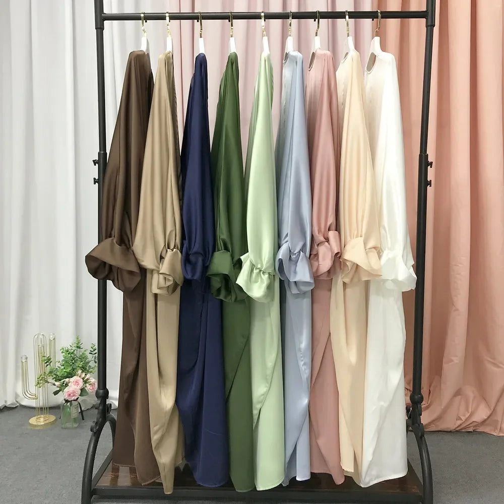 Summer Satin Open Abaya Kimono Muslim Long Hijab Dress Turkey Abayas for Women Dubai Puff Sleeve Islam Modest Outfit Kaftan Robe