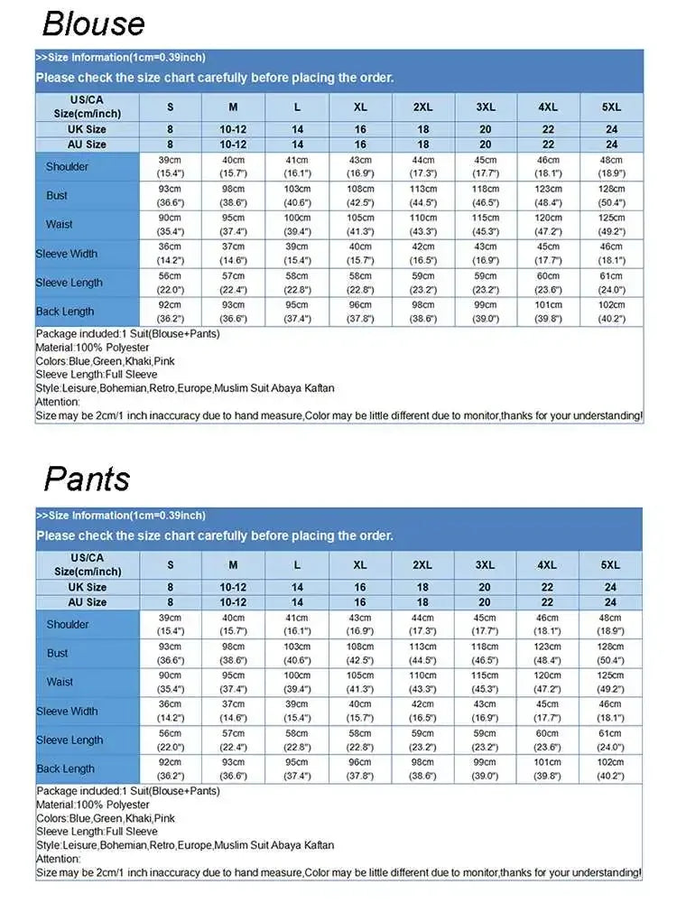 Vintage Stylish Muslim Suit 2PCS Long Sleeve Blouse Pant Sets Islamic Clothing Female Casual Floral Printed Matching Sets