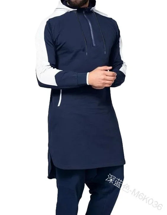 Hooded Men Muslim Patchwork Islamic Clothing Long Sleeve Dubai Kaftan Male Saudi Arabia Shirt Plus Size 3XL 4XL