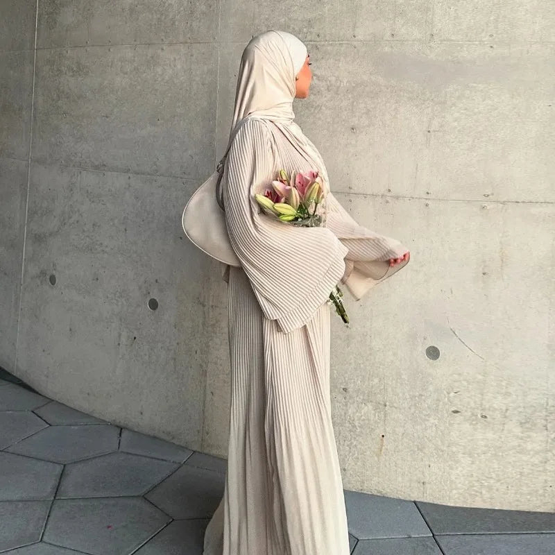 Eid Muslim Dress for Women Pleated Flare Sleeve Jalabiya Kaftan Islam Vestidos Arab Long Robe Ramadan Morocco Dubai Abayas 2025