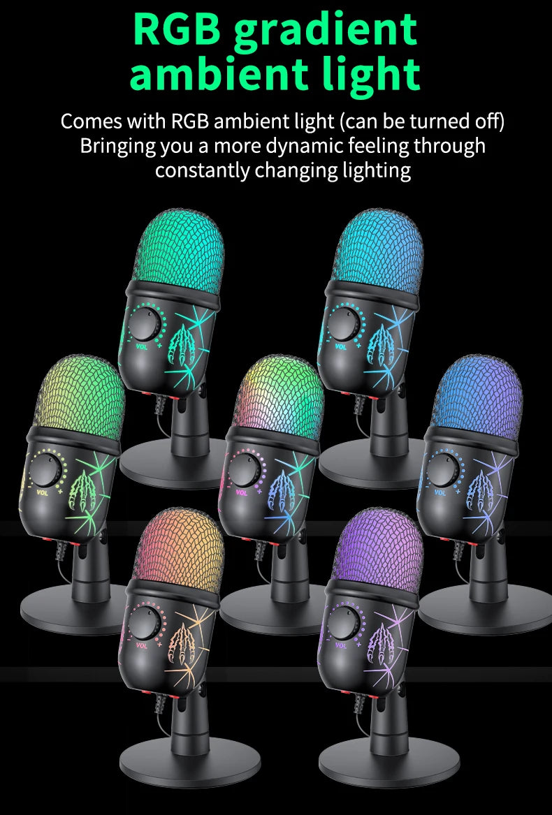 Gaming Microphone USB Microphone for PC Condenser Podcast Mic for Studio Recording with Headphone Jack, Led, Noise Cancellation