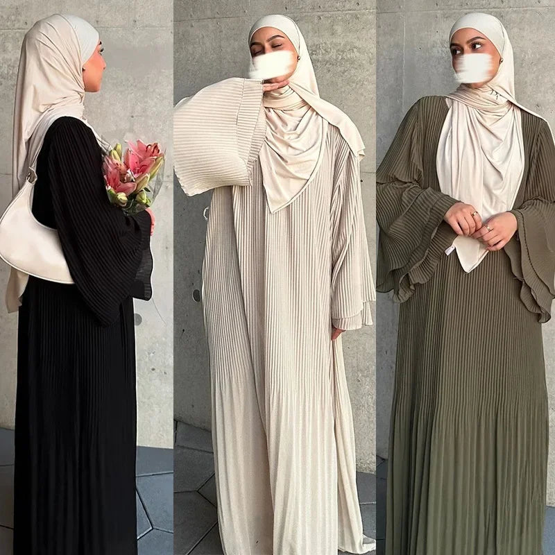 Eid Muslim Dress for Women Pleated Flare Sleeve Jalabiya Kaftan Islam Vestidos Arab Long Robe Ramadan Morocco Dubai Abayas 2025