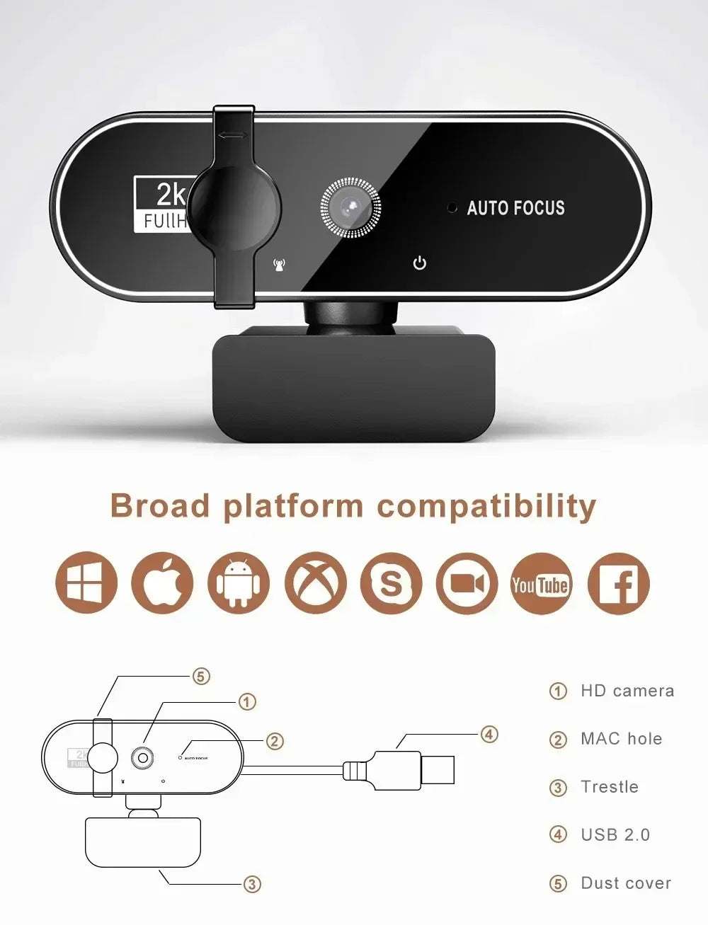 4K Full HD Webcam with Microphone Autofocus 8MP Website Camera for Windows PC Laptop IOS Macbook External Web Cam Video Calling