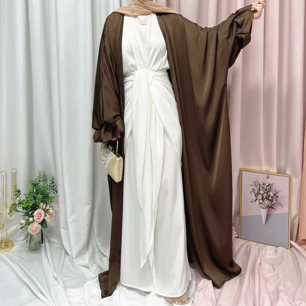 Summer Satin Open Abaya Kimono Muslim Long Hijab Dress Turkey Abayas for Women Dubai Puff Sleeve Islam Modest Outfit Kaftan Robe